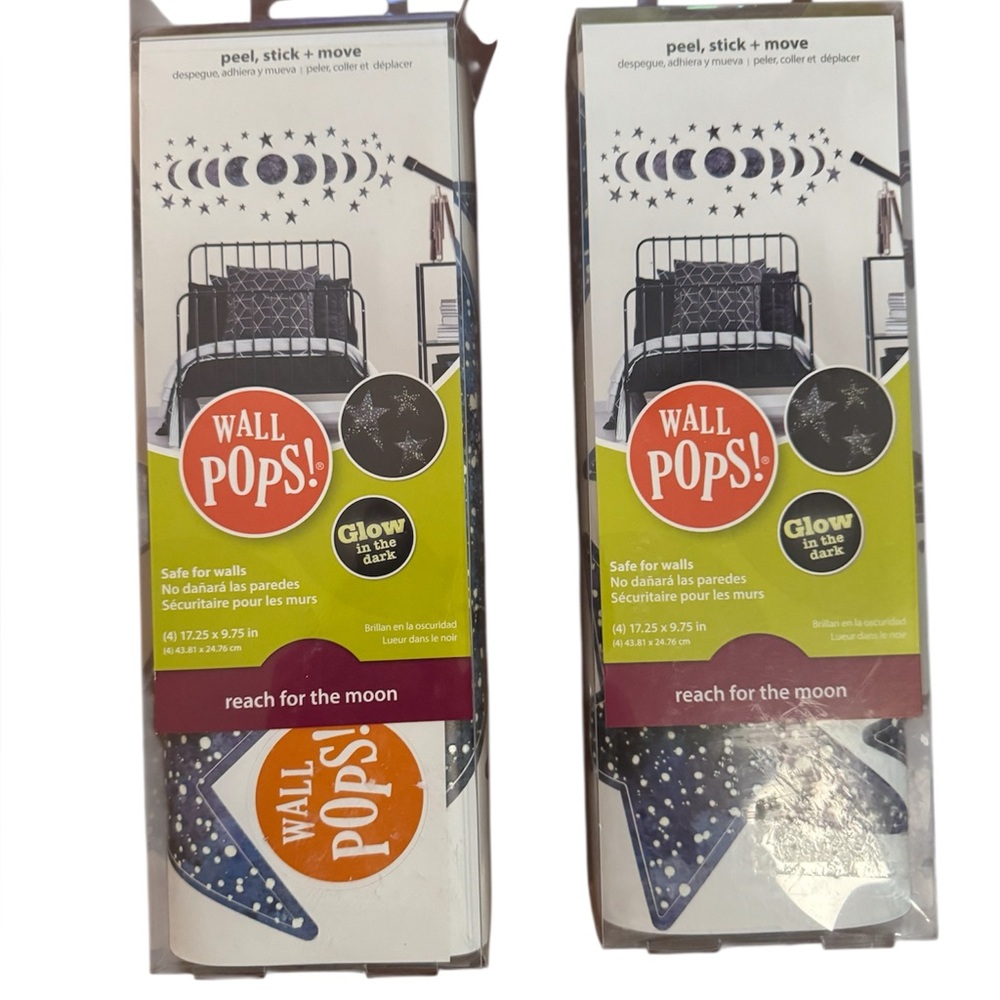2~WallPops Glow In The Dark "Reach For The Moon" Moon & Stars Peel, Stick & Move